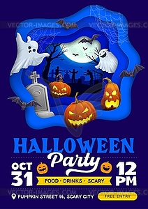 Вырезанный из бумаги флаер для вечеринки на Хэллоуин с привидениями - клипарт в векторе