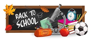 Back to school banner chalkboard school supplies - vector image