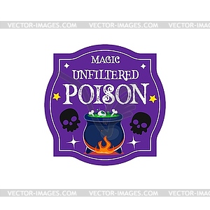 Halloween potion label, witch cauldron with bones - vector image