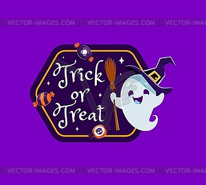Подарочная бирка на Хэллоуин с милым призраком, держащим метлу - иллюстрация в векторе