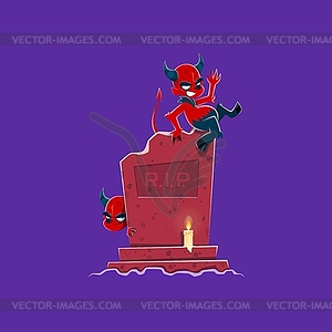 Cartoon Halloween devil characters near tombstone - vector clip art