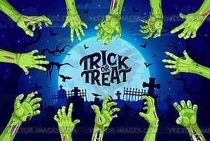 Halloween cemetery, zombie hands and midnight moon - vector clipart