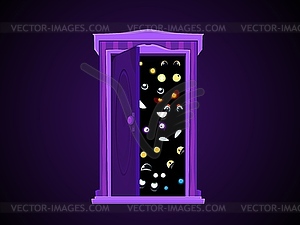 Halloween door with monster eyes in darkness - vector clipart