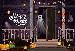 Праздничные призраки Хэллоуина на украшенном крыльце - изображение в векторе