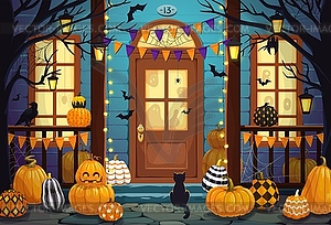 Halloween door porch, patterned pumpkins, ghosts - vector EPS clipart