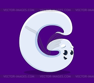 Halloween font, letter G as cartoon boo ghost - vector image