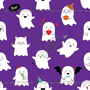 Halloween kawaii ghost characters seamless pattern - vector clip art