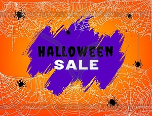 Halloween sale banner with spiders and cobweb - vector image