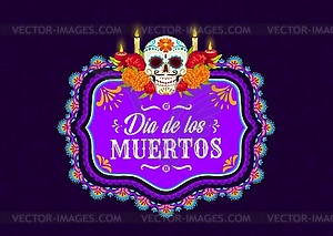 Mexican Muertos frame with skull and candle burn - vector image