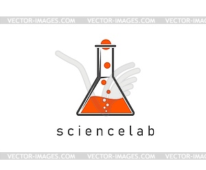 Колба со значком научной лаборатории, наполненная оранжевой жидкостью - векторная графика