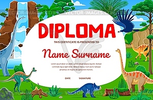 Kids diploma, dinosaurs in jungle background frame - vector image