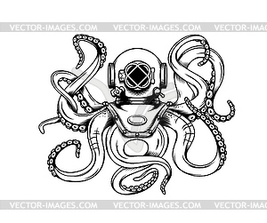 Octopus tattoo with tentacle, vintage diver helmet - vector clip art