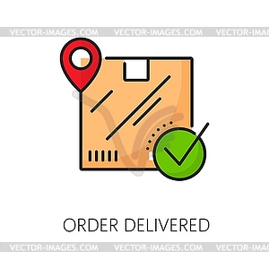 Order delivered line icon with box, check mark - vector clip art