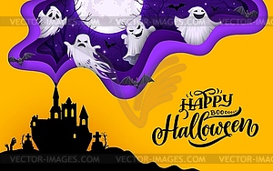Halloween paper cut banner with castle and ghosts - vector clip art