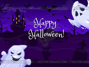 Halloween ghosts, dark castle, cemetery silhouette - vector image