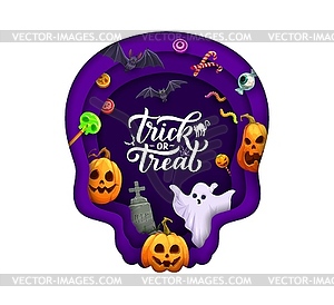 Halloween paper cut skull with pumpkins, ghost - vector clip art