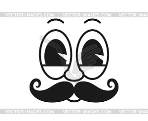 Cartoon mustached comic groovy face, funny emotion - white & black vector clipart