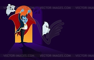 Halloween ghosts and Dracula vampire at door arch - vector clipart