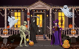 Halloween characters near holiday door porch - vector clipart