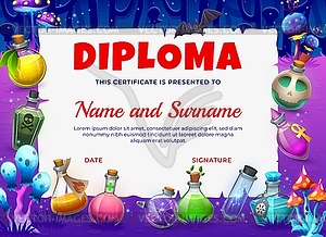 Witch diploma with Halloween magic potion bottles - vector clip art