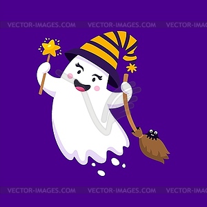 Halloween kawaii ghost character, witch hat, broom - vector clipart