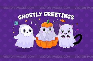 Призрачные поздравления на Хэллоуин с кавайными призраками - иллюстрация в векторном формате