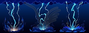 Cartoon blue lightning, thunder strike flashes - vector clip art