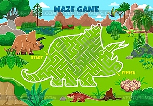 Labyrinth maze game. Help to dinosaur find eggs - vector clip art