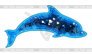 Paper cut blue dolphin silhouette, landscape, fish - vector image