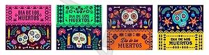 Day of Dead papel picado paper cut flags, skulls - vector image