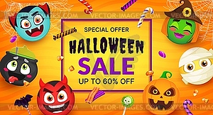 Halloween sale banner, funny holiday emoji faces - vector clipart