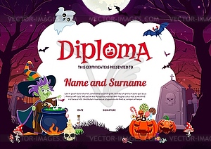 Halloween kids diploma with cartoon witch and pot - vector clipart / vector image