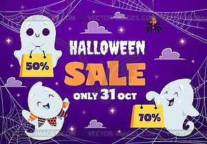 Kawaii ghosts on Halloween sale banner with spider - vector image