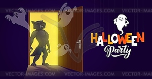 Halloween werewolf on opened door and ghosts - vector clipart