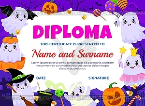 Halloween kids diploma with cute kawaii ghosts - vector image