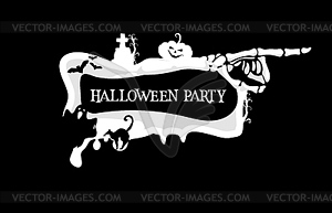 Halloween board sign with skeleton hand, pumpkin - vector clip art