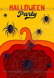 Halloween paper cut pumpkin, spiders and cobweb - royalty-free vector clipart