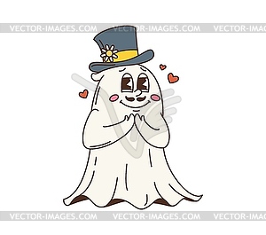 Забавный персонаж-призрак на Хэллоуин в цилиндре - векторное изображение клипарта