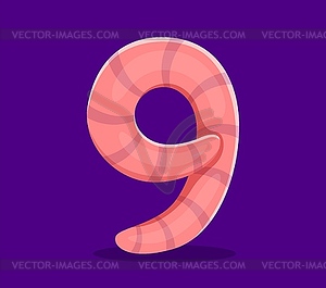 Halloween font, number 9 Nine as earthworm monster - vector image