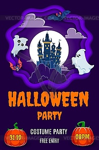 Halloween party flyer, paper cut holiday landscape - vector clipart