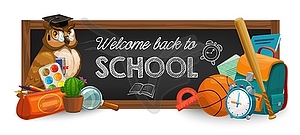 Back to school education banner, owl on blackboard - vector clipart