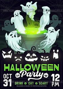 Рекламный плакат для вечеринки в честь Хэллоуина с жуткими призраками и котлом - векторное изображение клипарта