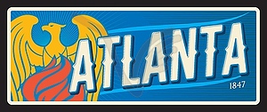 Atlanta city, USA old travel plate sign - vector clipart