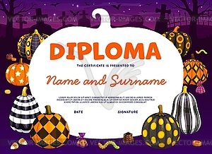 Halloween kids diploma, cartoon patterned pumpkins - vector clip art