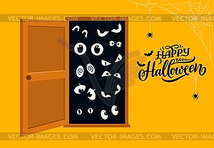 Halloween holiday door with cartoon monster eyes - vector clipart