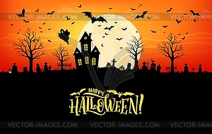 Halloween abandoned town house and cemetery - vector clip art