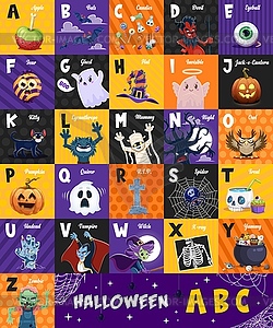 Halloween holiday alphabet, abc kids type letters - vector image