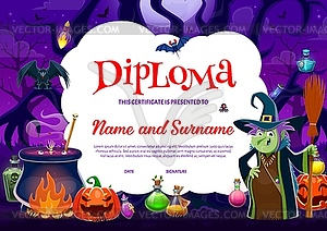 Halloween kids diploma, funny witch and cauldron - vector image