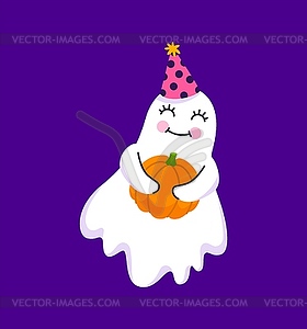 Забавный мультяшный призрак на Хэллоуин в шляпе и тыкве - клипарт в векторе