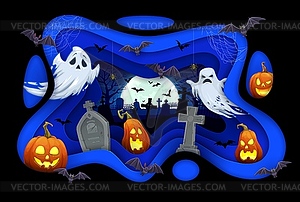 Halloween paper cut greetings card with ghosts, - vector clipart